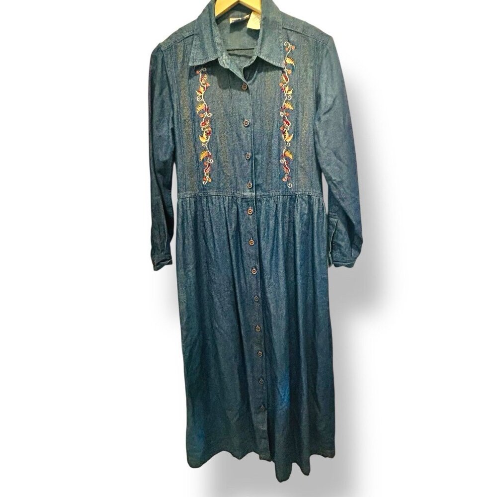 Vintage Cottagecore Denim Embroidered Prairie Dress Size Medium Back Tie Bird - Picture 14 of 14